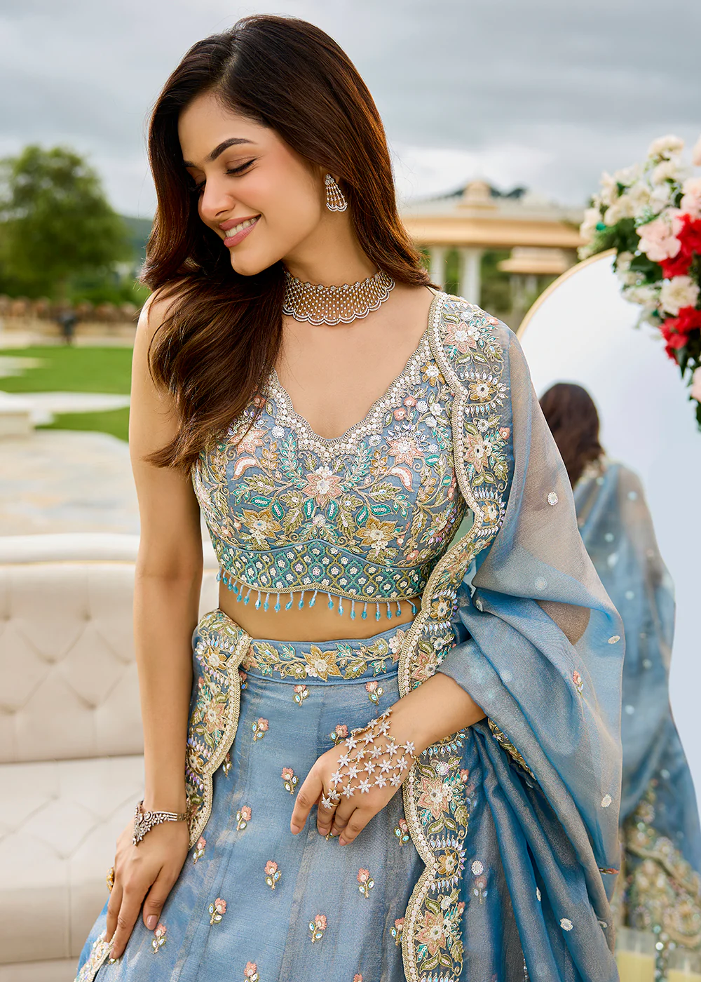 Sky Satin Silk Cording & Sequins Wedding Lehenga Choli - Image 2