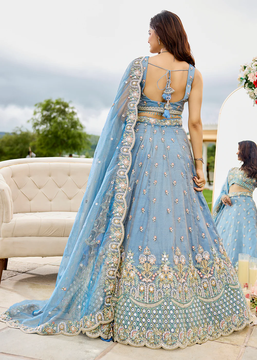 Sky Satin Silk Cording & Sequins Wedding Lehenga Choli - Image 3