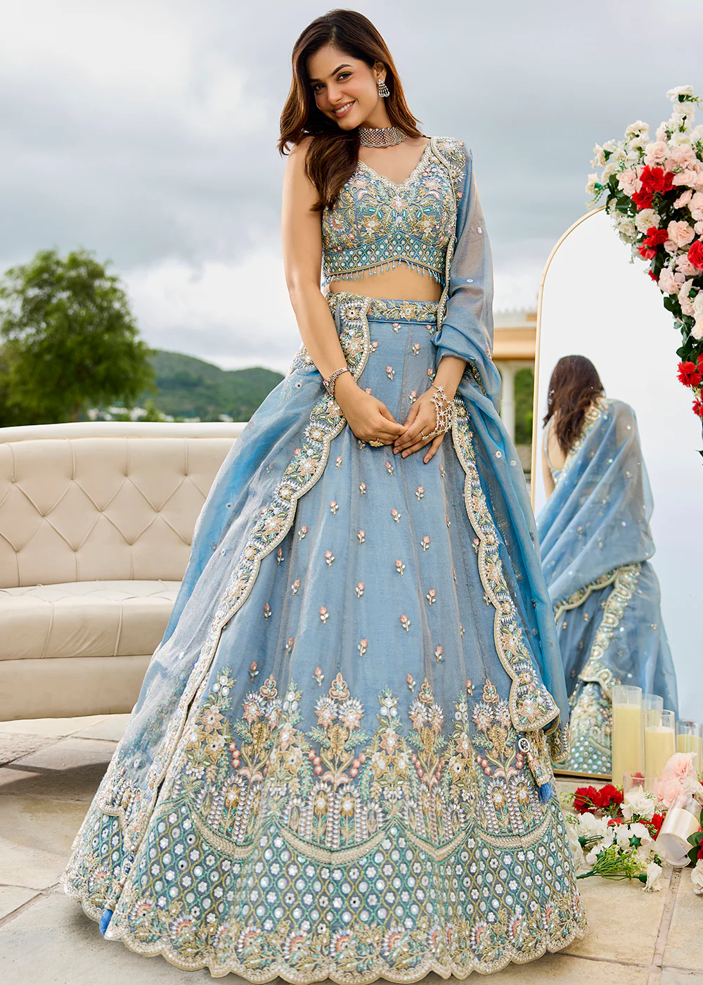 Sky Satin Silk Cording & Sequins Wedding Lehenga Choli - Image 4