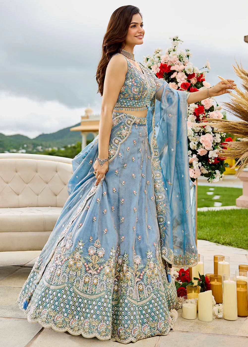 Sky Satin Silk Cording & Sequins Wedding Lehenga Choli - Image 6