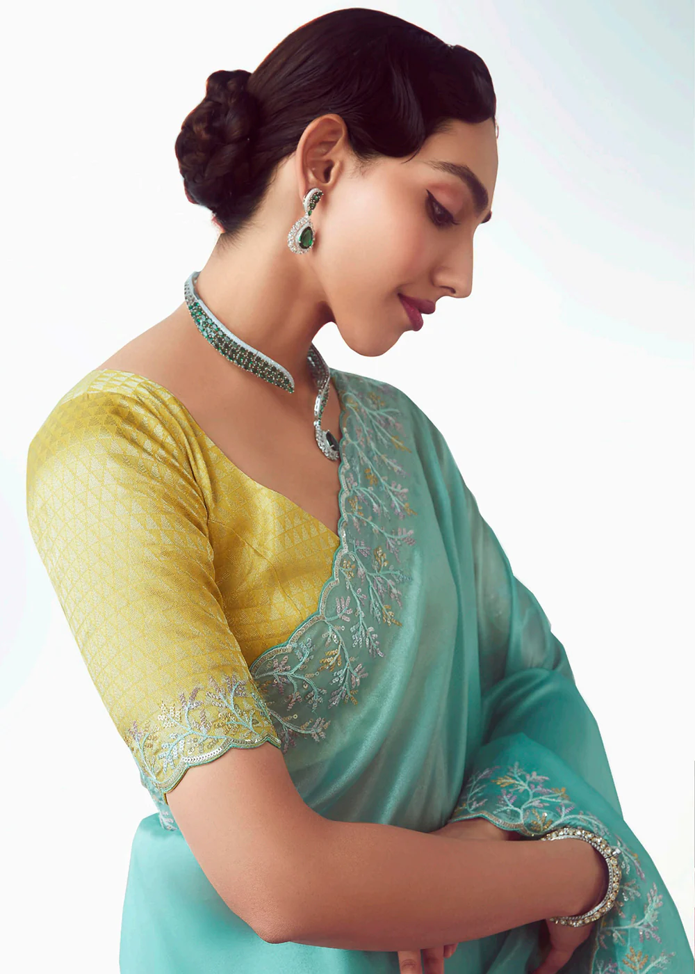 Sky & Yellow Fancy Fabric Embroidered Designer Saree - Image 2