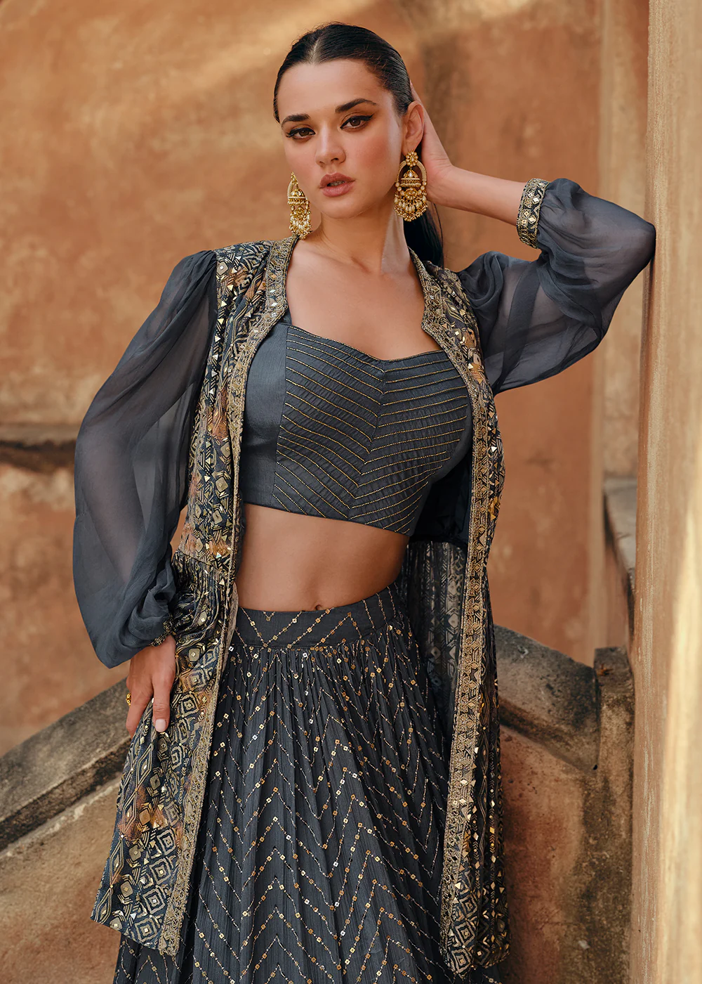 Slate Grey Chinnon Silk Jacket Style Designer Bridesmaid Lehenga - Image 2