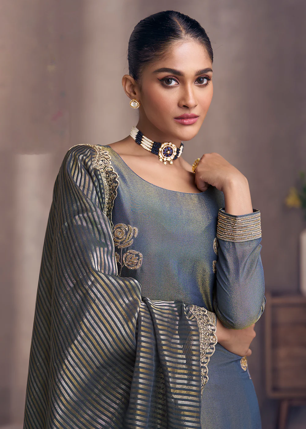 Slate Grey Shimmer Silk Wedding Festive Salwar Kameez - Image 2