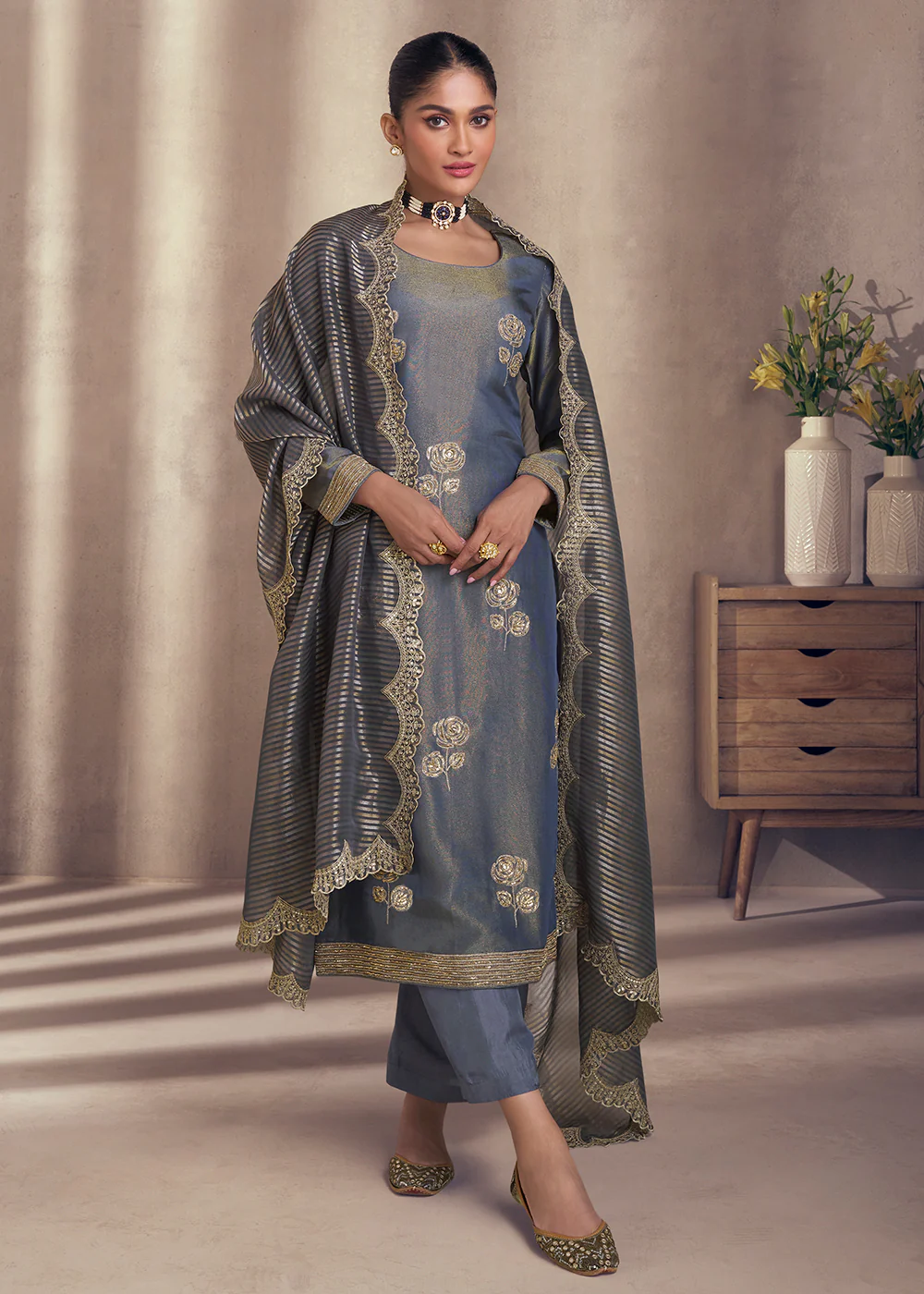 Slate Grey Shimmer Silk Wedding Festive Salwar Kameez - Image 3