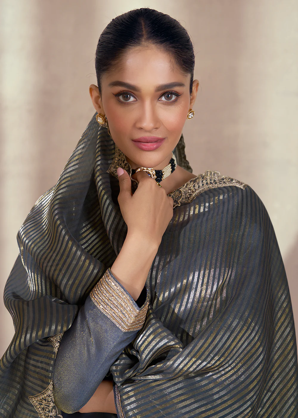 Slate Grey Shimmer Silk Wedding Festive Salwar Kameez - Image 4