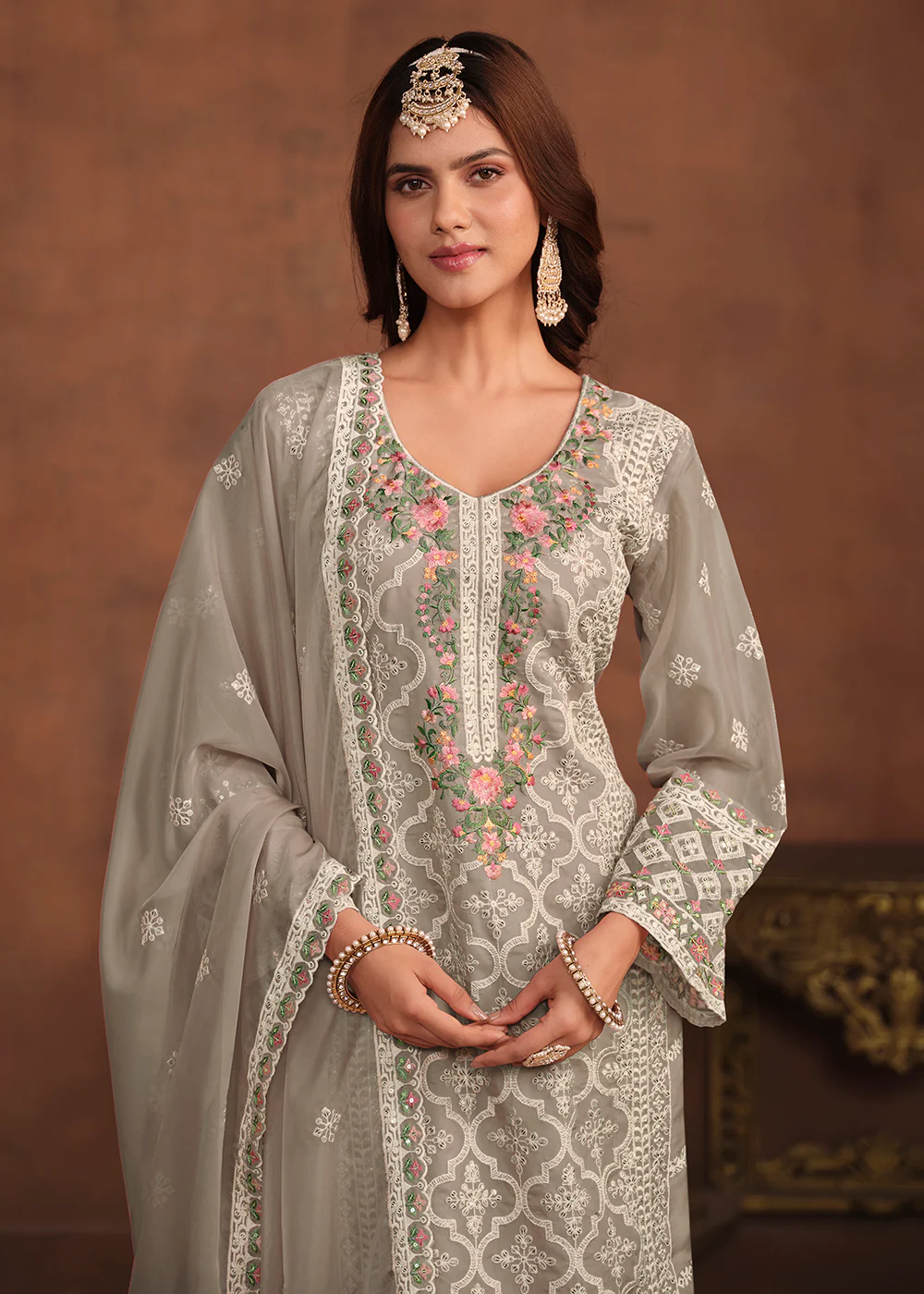 Slate Grey Soft Organza Embroidered Festive Salwar Suit - Image 2