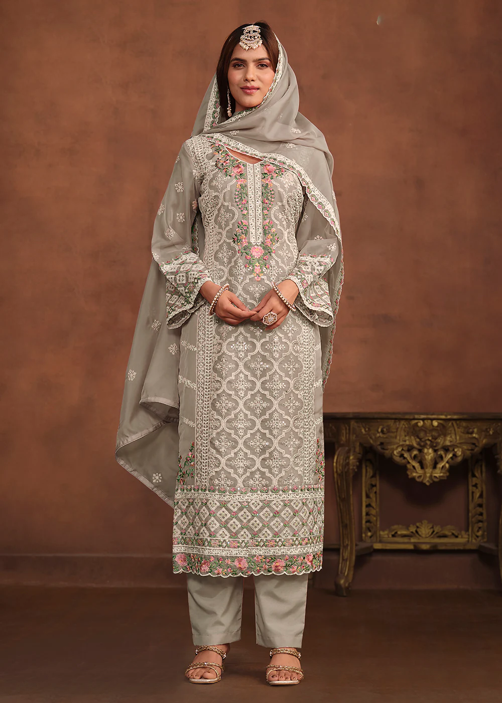 Slate Grey Soft Organza Embroidered Festive Salwar Suit - Image 3