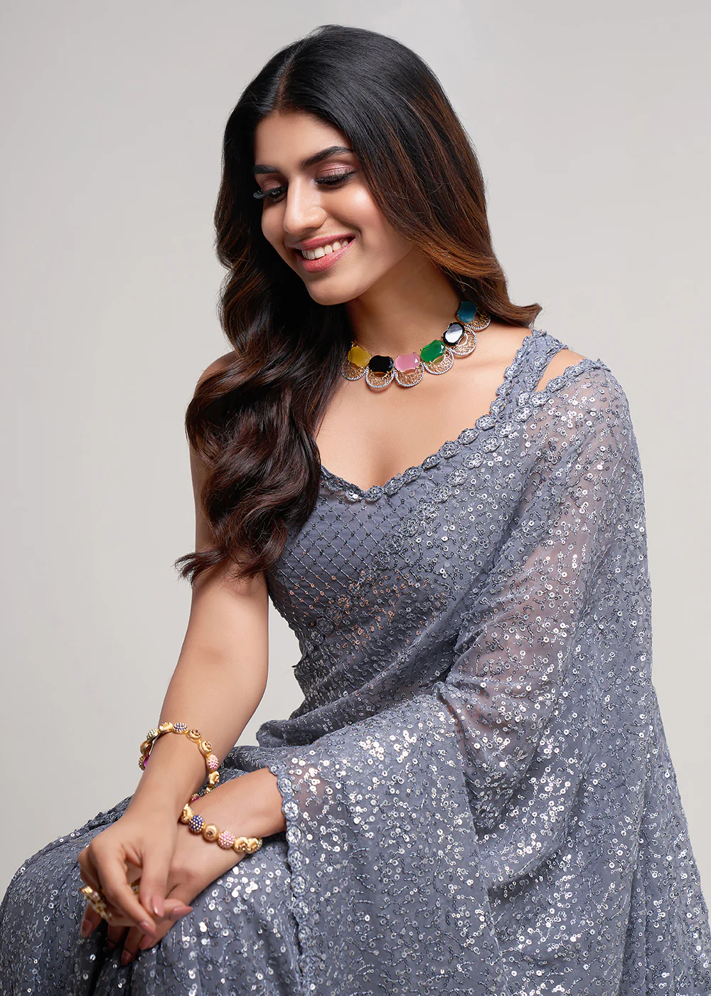 Slate Grey Thread & Multi Sequins Work Party Wear Saree - Image 2