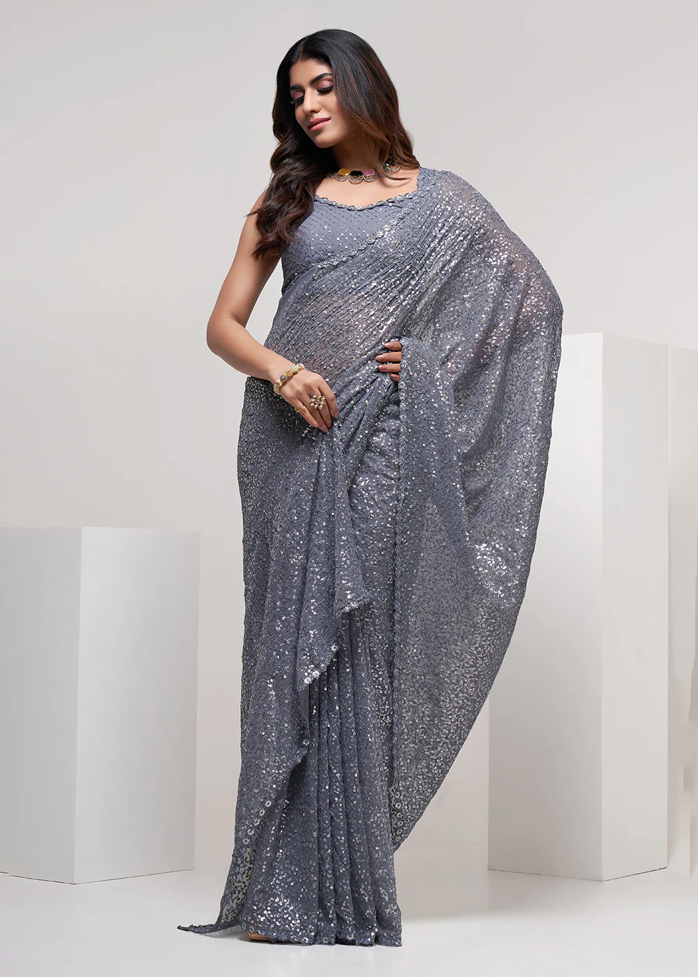 Slate Grey Thread & Multi Sequins Work Party Wear Saree - Image 3