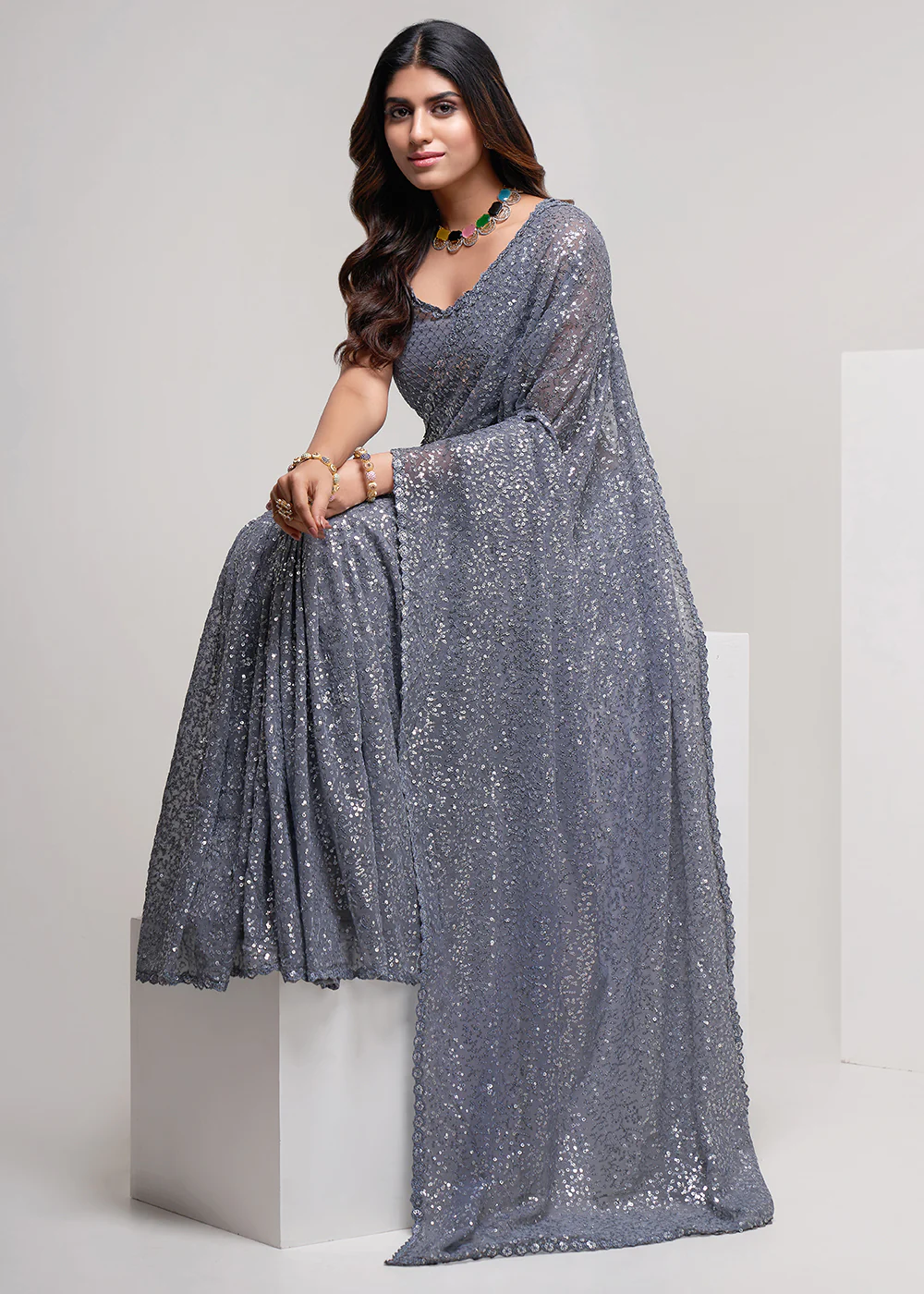 Slate Grey Thread & Multi Sequins Work Party Wear Saree - Image 4