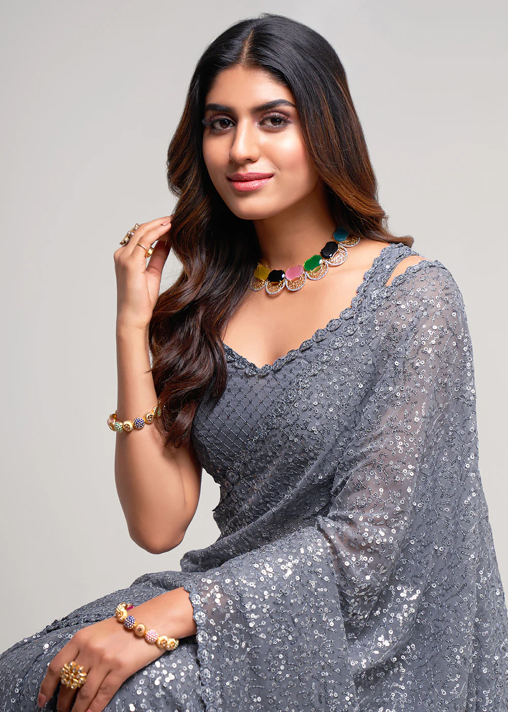 Slate Grey Thread & Multi Sequins Work Party Wear Saree - Image 5