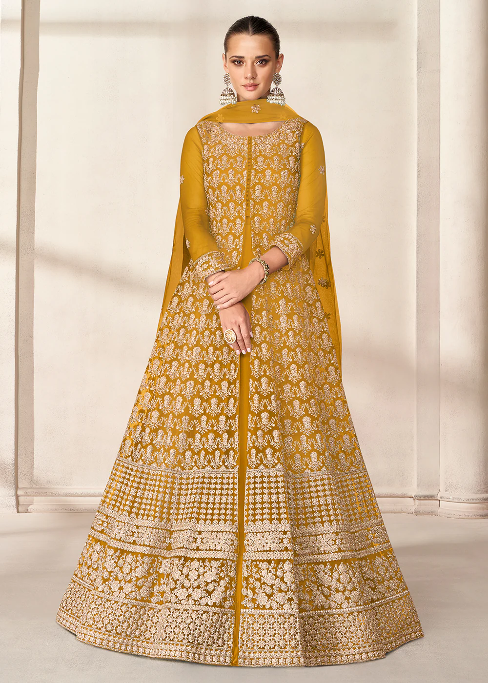 Slit Style Adorable Yellow Embordered Festive Party Anarkali