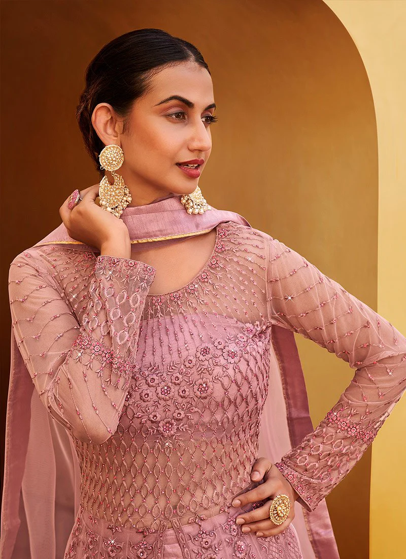 Slit Style Barbie Pink Net Lehenga/Pant Style Anarkali Suit - Image 2
