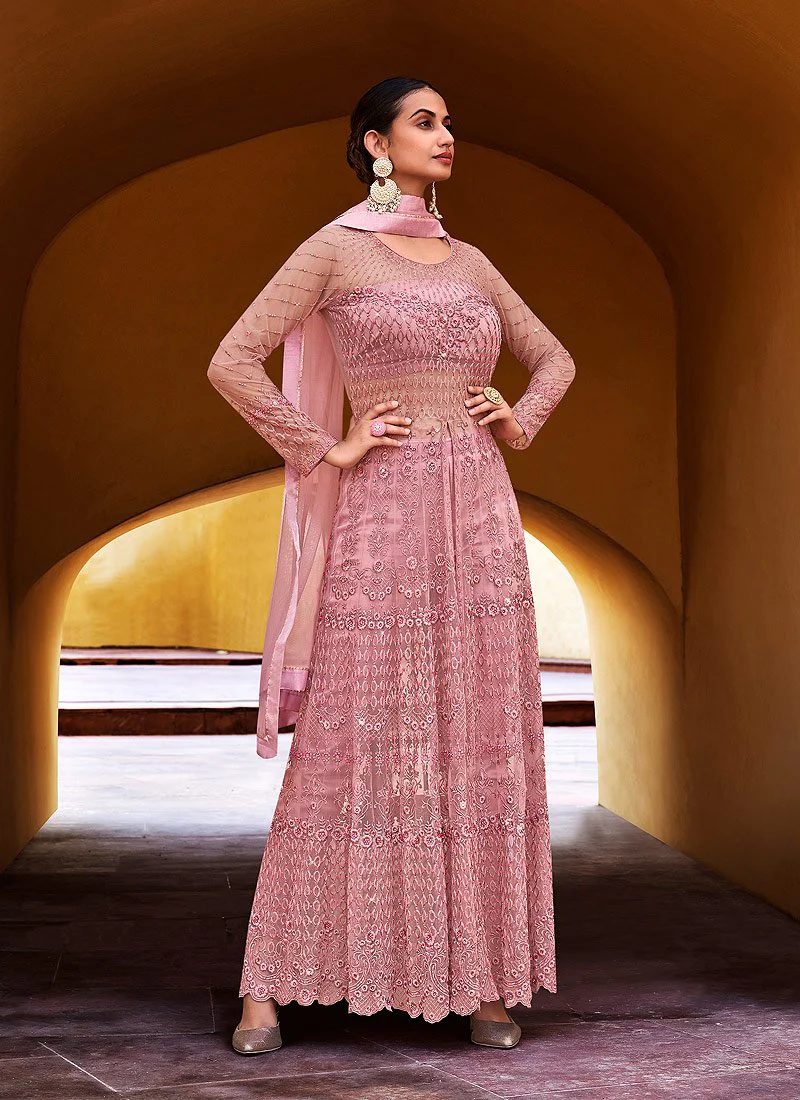 Slit Style Barbie Pink Net Lehenga/Pant Style Anarkali Suit - Image 4