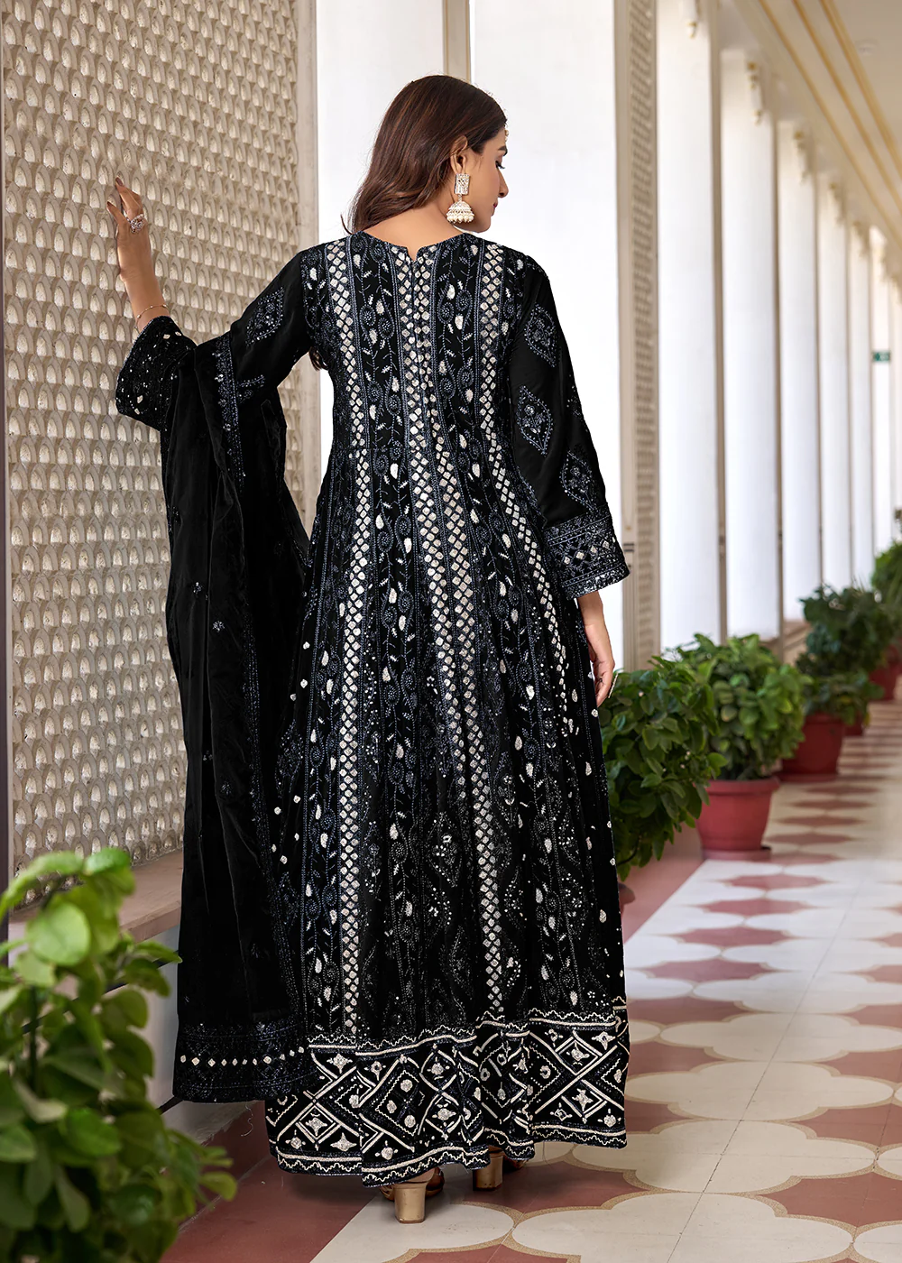 Slit Style Black Embroidered Wedding Festive Anarkali Suit - Image 3
