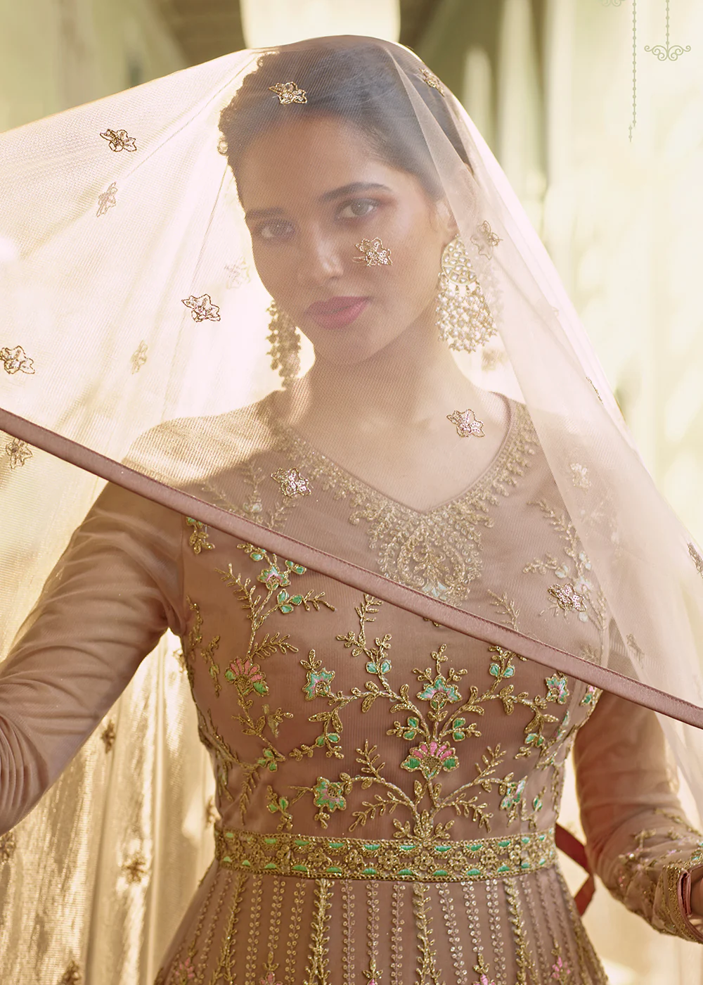 Slit Style Captivating Peach Zari Embroidered Party Festive Anarkali - Image 2
