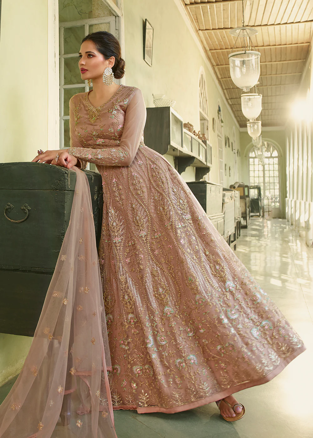 Slit Style Captivating Peach Zari Embroidered Party Festive Anarkali - Image 3