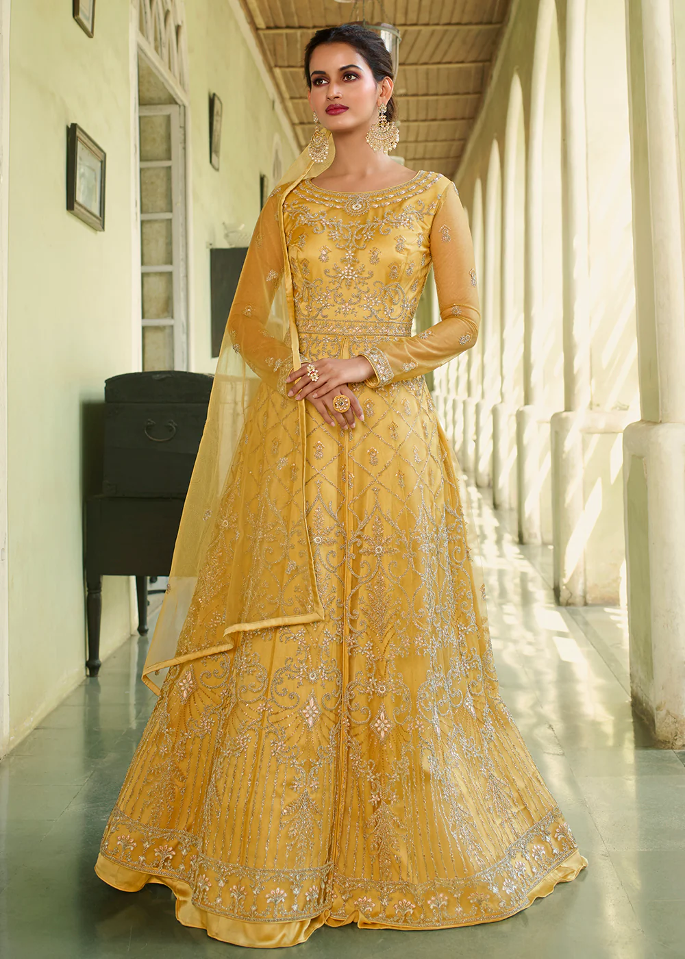 Slit Style Delightful Yellow Zari Embroidered Party Festive Anarkali