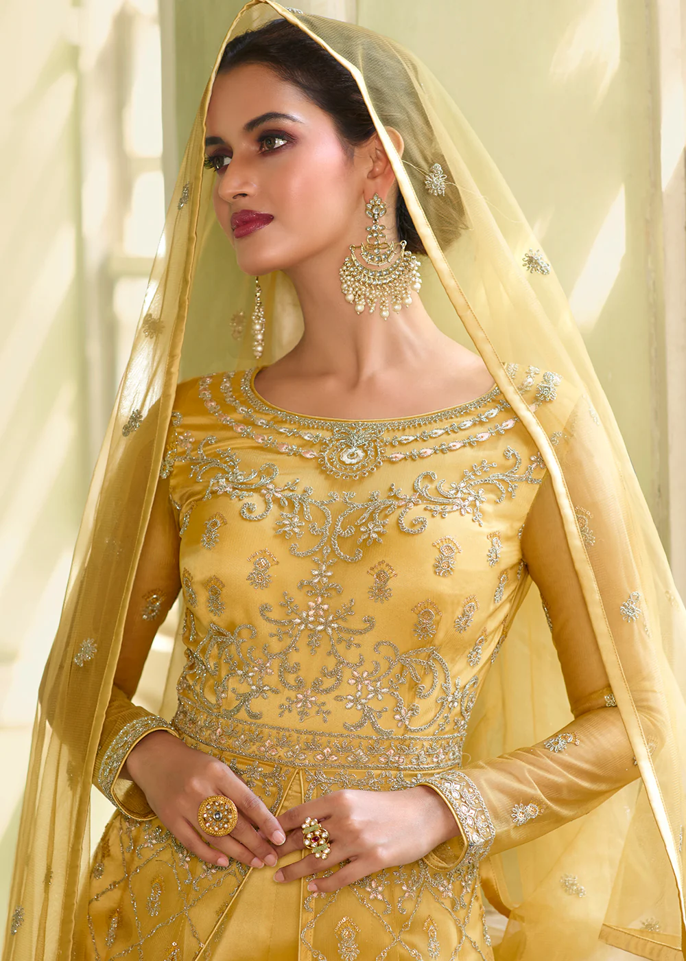 Slit Style Delightful Yellow Zari Embroidered Party Festive Anarkali - Image 2