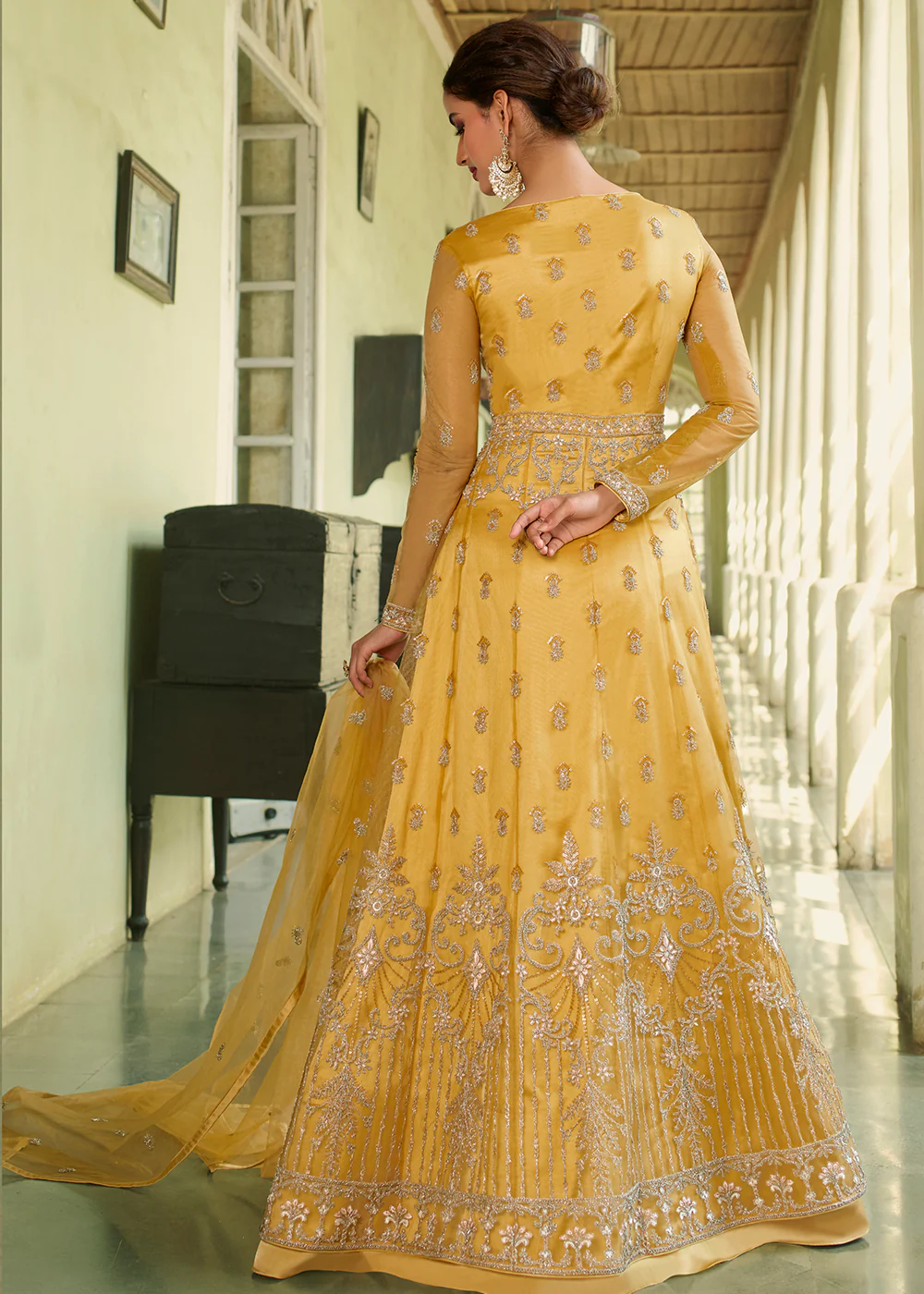 Slit Style Delightful Yellow Zari Embroidered Party Festive Anarkali - Image 3