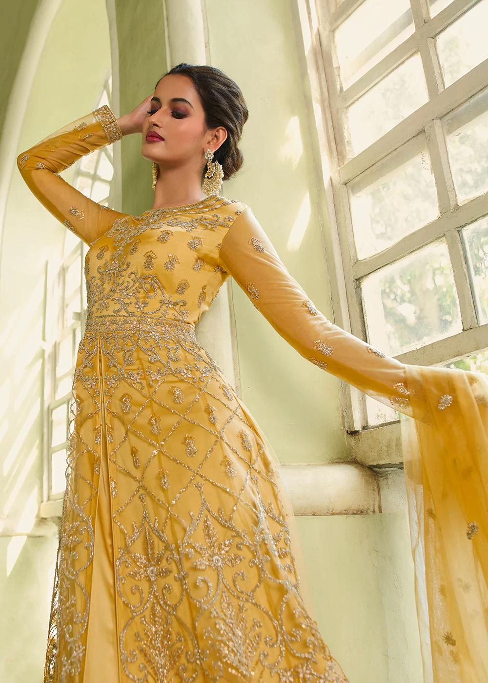 Slit Style Delightful Yellow Zari Embroidered Party Festive Anarkali - Image 4