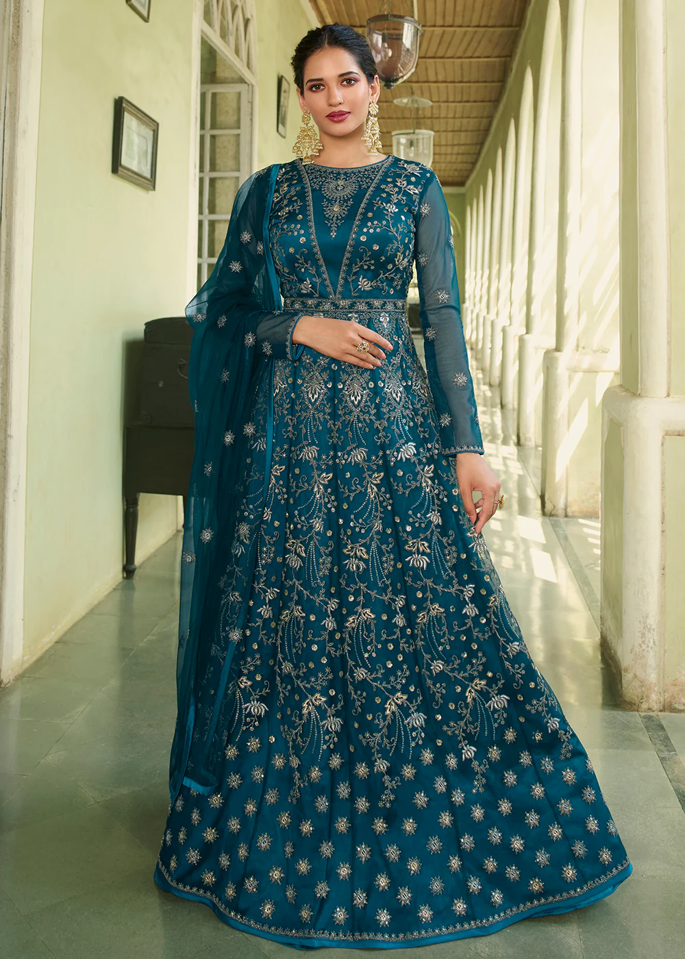 Slit Style Fabulous Teal Zari Embroidered Party Festive Anarkali