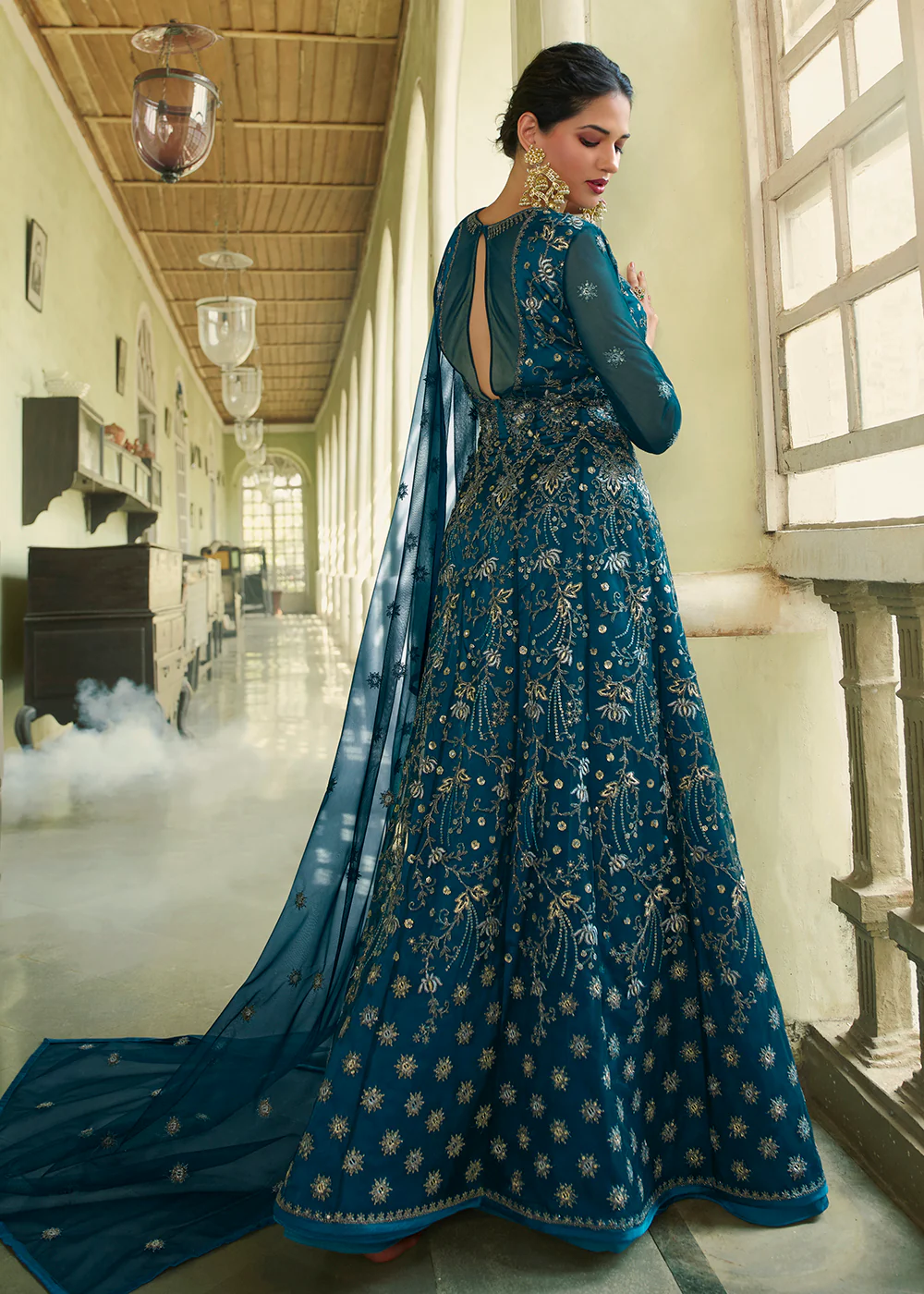 Slit Style Fabulous Teal Zari Embroidered Party Festive Anarkali - Image 3