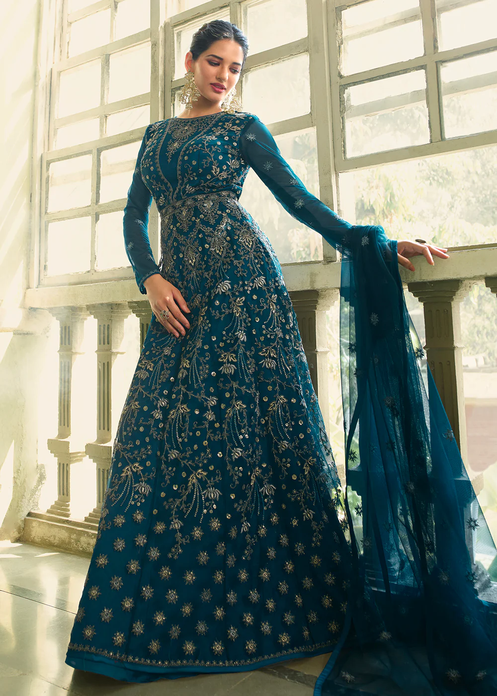 Slit Style Fabulous Teal Zari Embroidered Party Festive Anarkali - Image 4