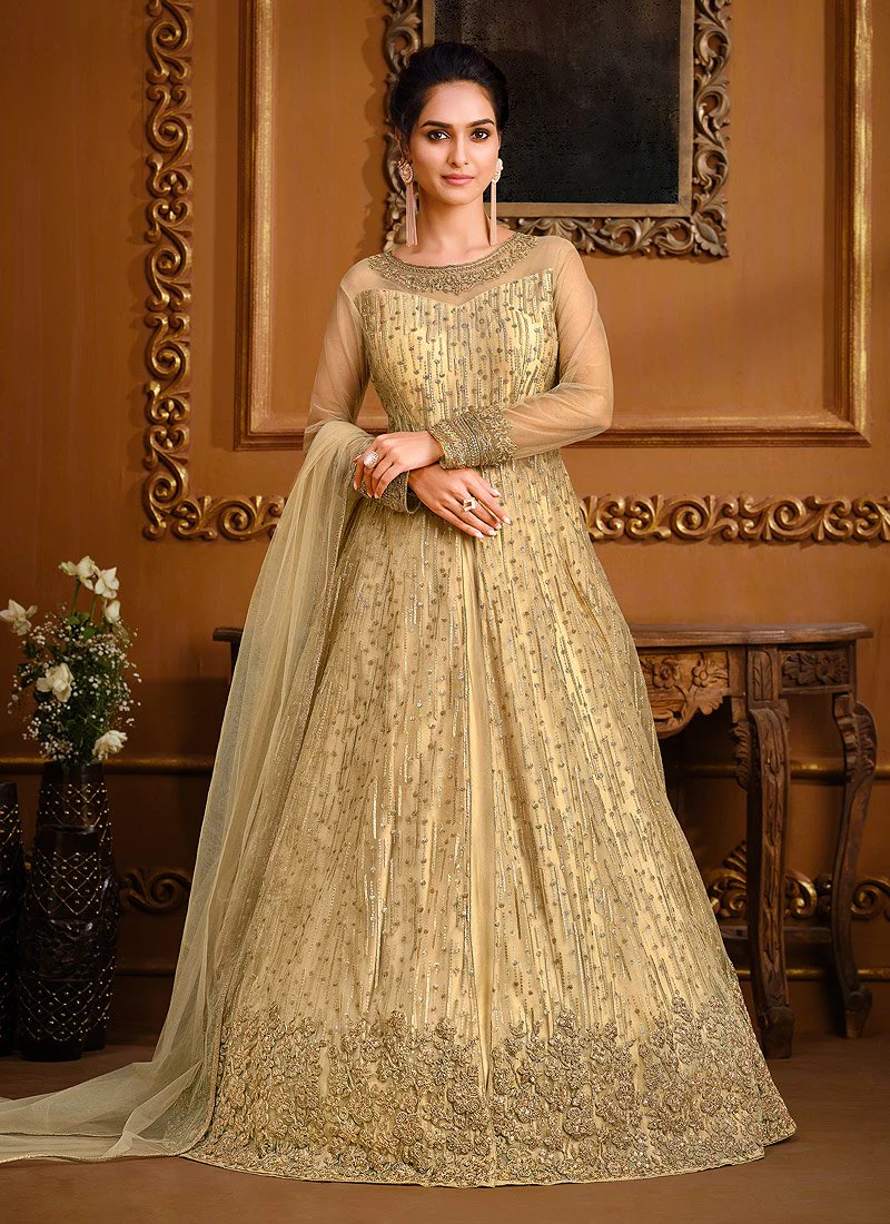 Slit Style Light Gold Net Embellished Anarkali Pant/Lehenga Suit