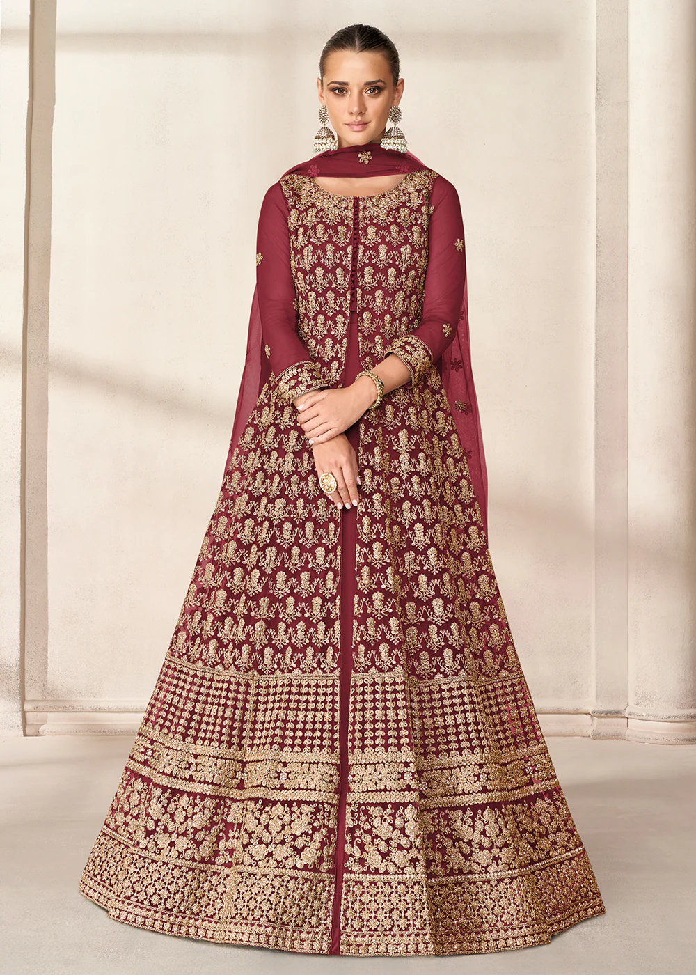 Slit Style Lovely Maroon Embordered Festive Party Anarkali