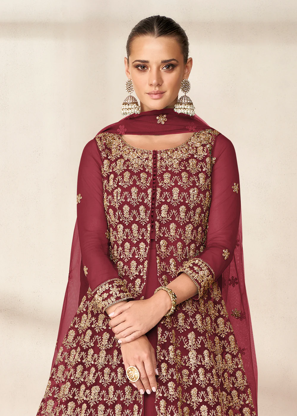 Slit Style Lovely Maroon Embordered Festive Party Anarkali - Image 2