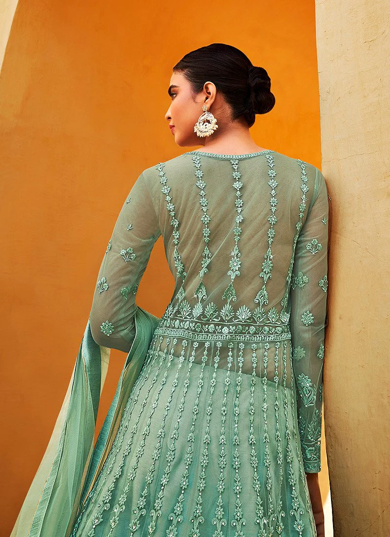 Slit Style Ocean Green Net Lehenga/Pant Style Anarkali Suit - Image 4