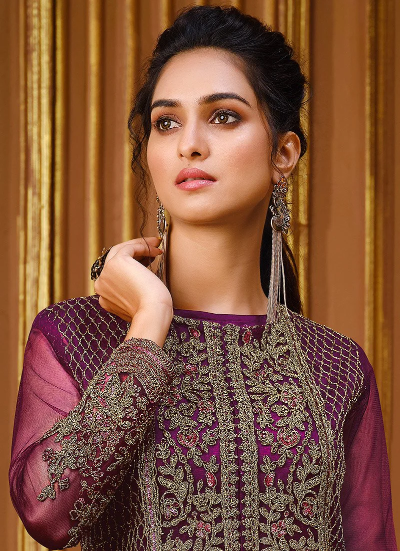 Slit Style Plum Purple Net Embellished Anarkali Pant Suit - Image 2