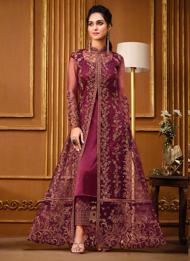 Slit Style Plum Wine Net Embellished Anarkali Pant/Lehenga Suit - Image 3
