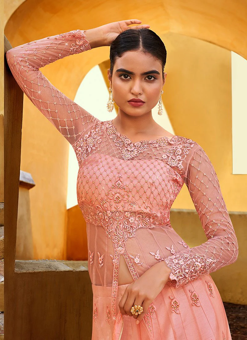 Slit Style Pretty Peach Net Lehenga/Pant Style Anarkali Suit - Image 2