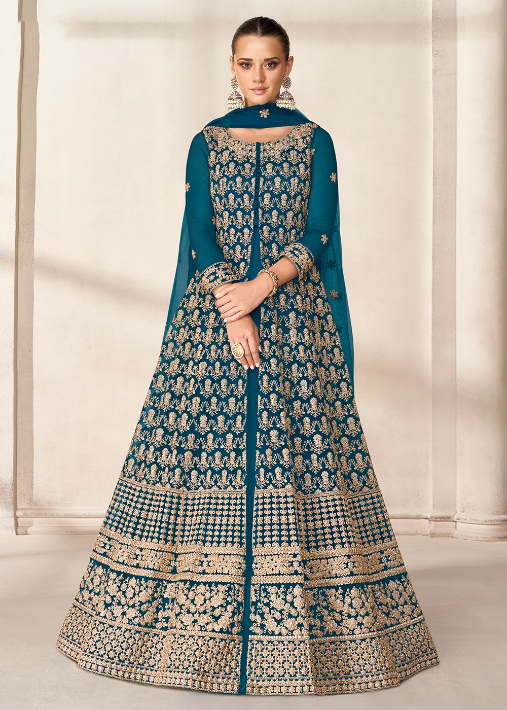 Slit Style Teal Blue Embordered Festive Party Anarkali