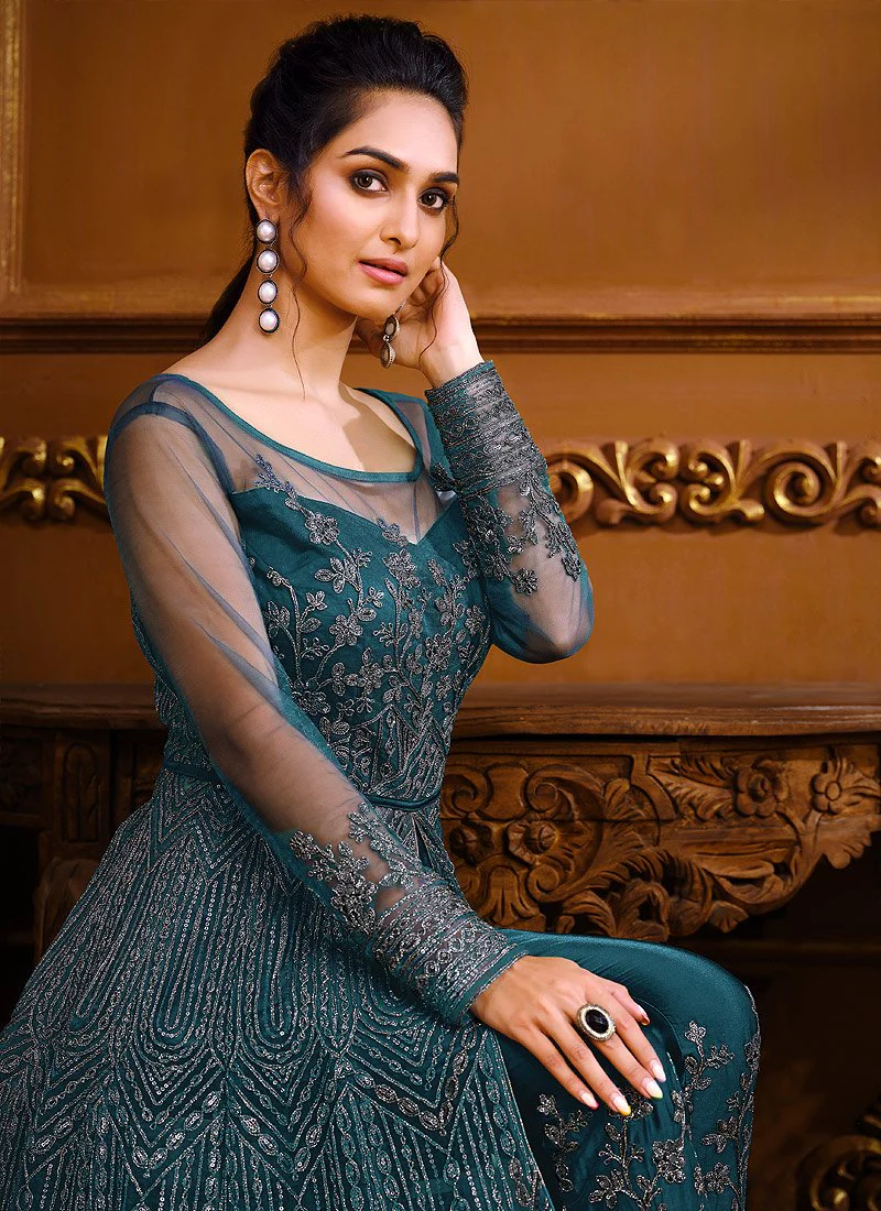 Slit Style Teal Blue Net Embellished Anarkali Pant/Lehenga Suit - Image 2