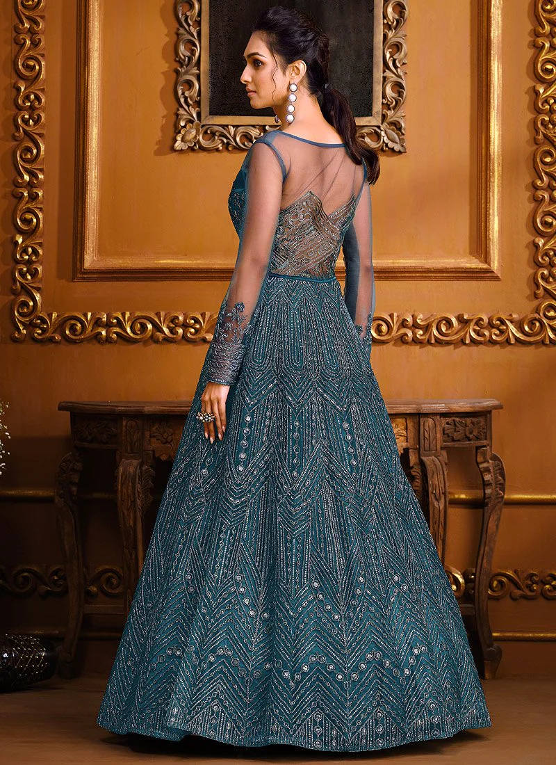 Slit Style Teal Blue Net Embellished Anarkali Pant/Lehenga Suit - Image 3
