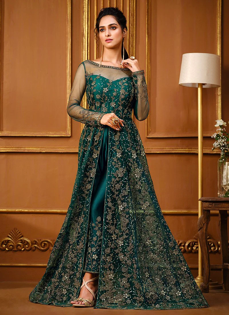 Slit Style Teal Green Net Embellished Anarkali Pant/Lehenga Suit - Image 3