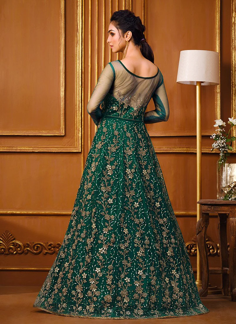Slit Style Teal Green Net Embellished Anarkali Pant/Lehenga Suit - Image 4