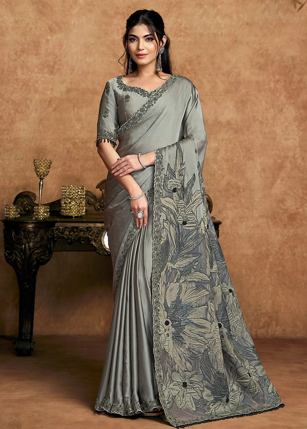 Smoke Grey Embroidered Wedding Festive Wear Saree