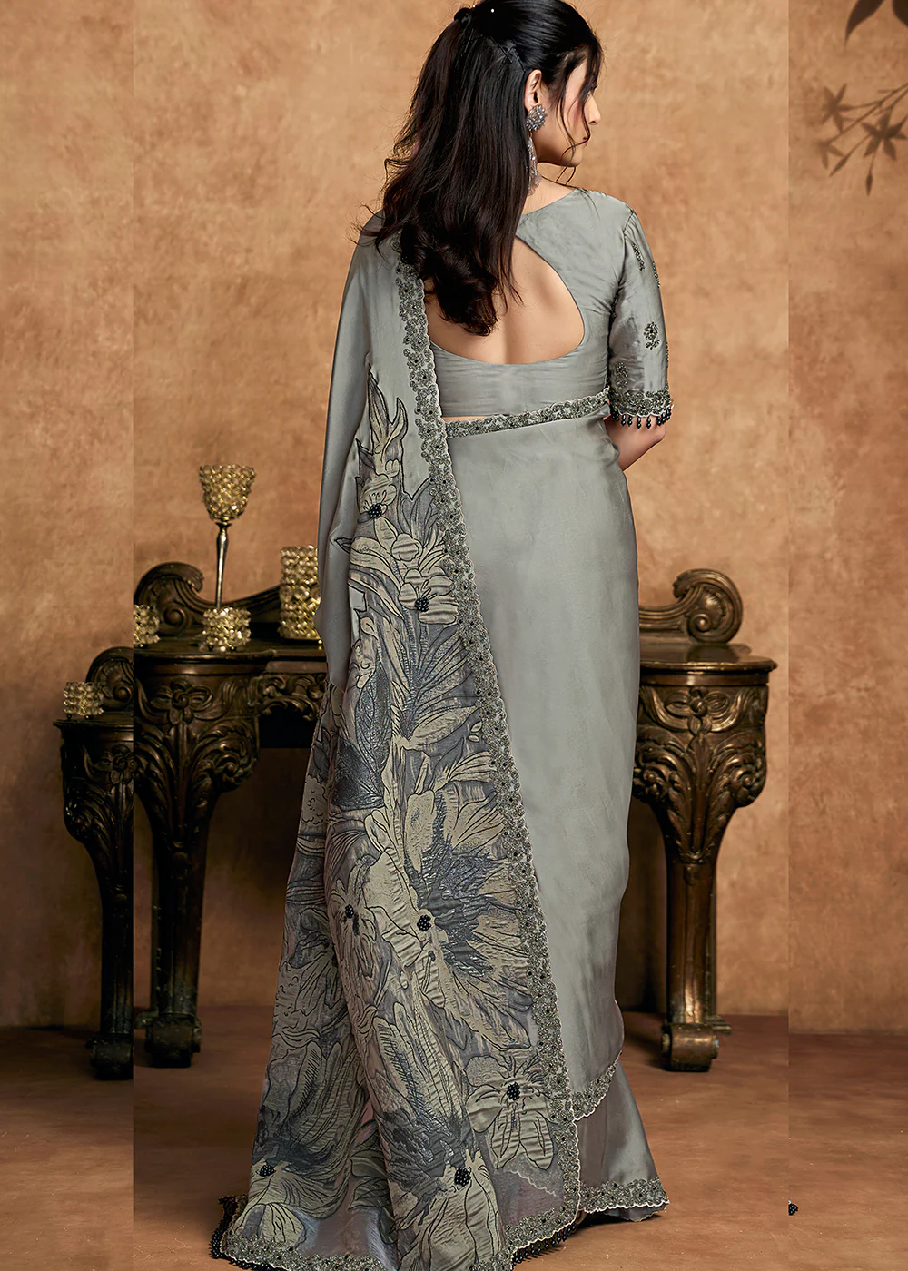 Smoke Grey Embroidered Wedding Festive Wear Saree - Image 3