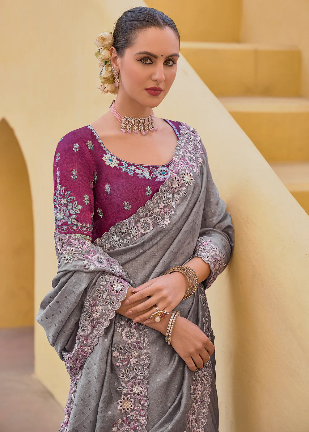 Smoke Grey Fancy Tissue Organza Silk Designer Saree - Image 2