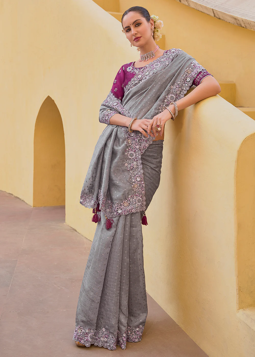 Smoke Grey Fancy Tissue Organza Silk Designer Saree - Image 4