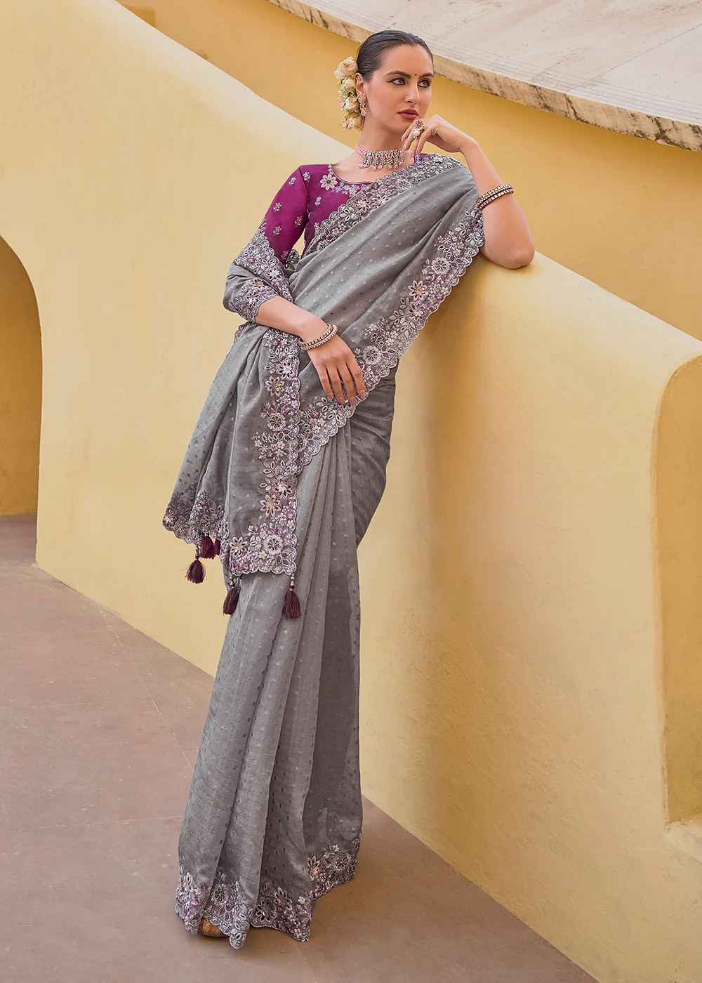 Smoke Grey Fancy Tissue Organza Silk Designer Saree - Image 5