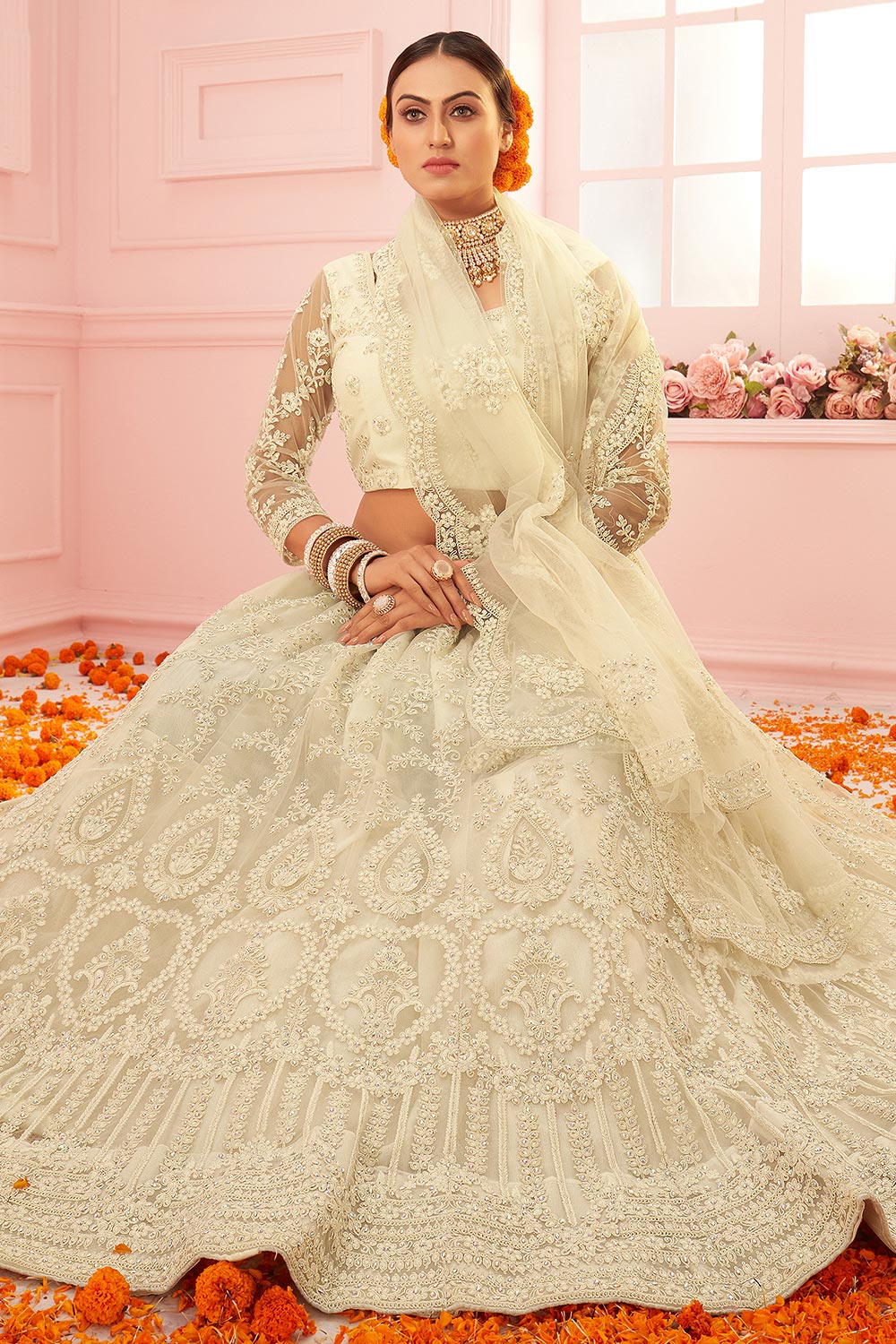 Snow Off White Wedding Stone Embroidered Lehanga - Image 3