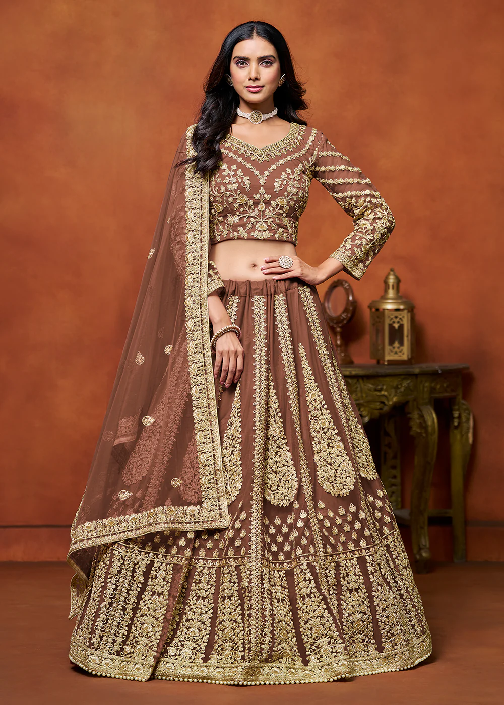 Snuff Brown Net Embroidered Festive Lehenga Choli