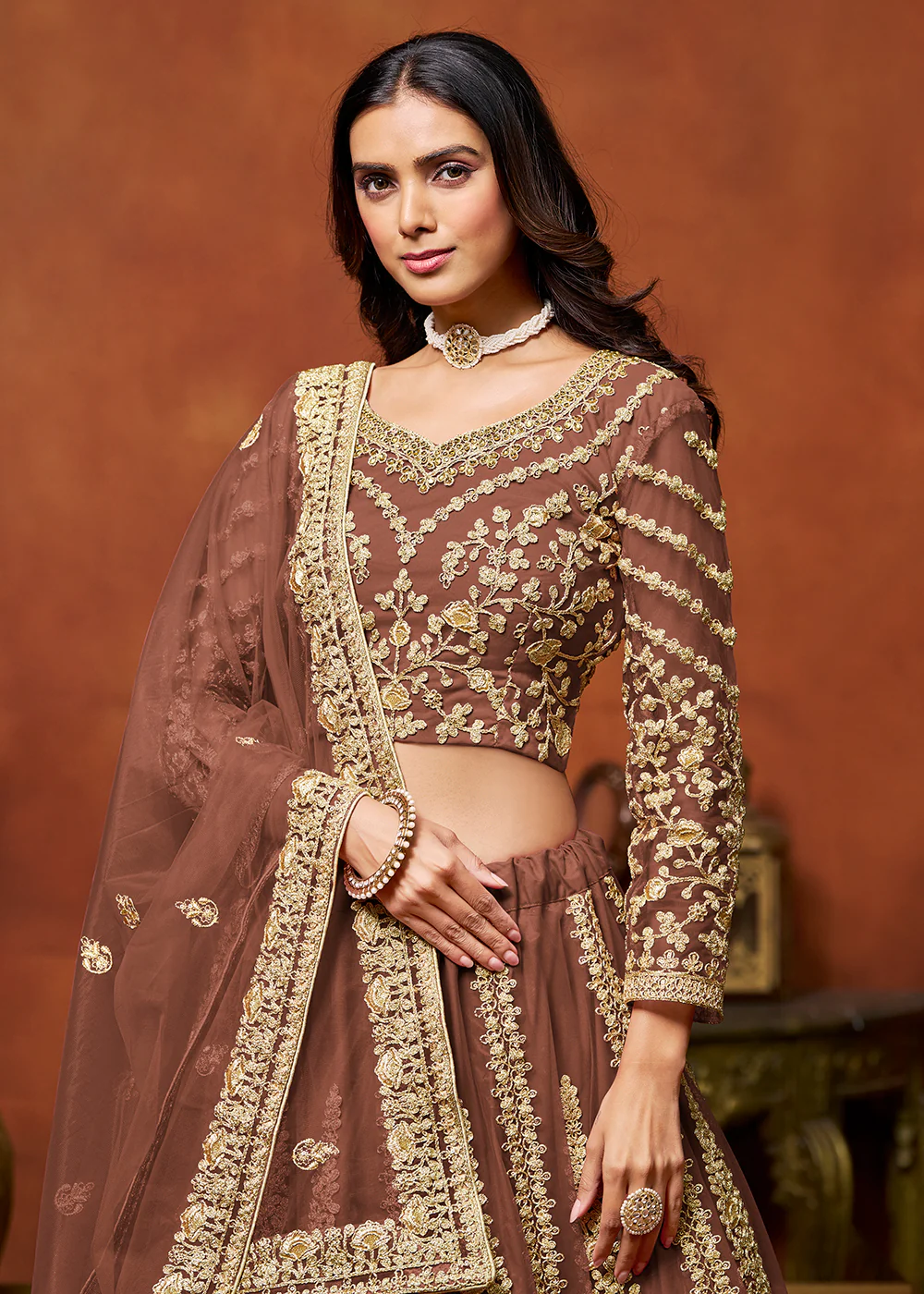 Snuff Brown Net Embroidered Festive Lehenga Choli - Image 2