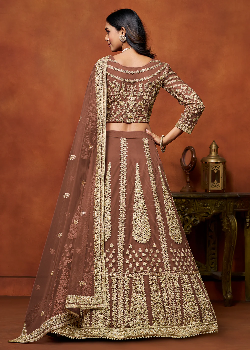 Snuff Brown Net Embroidered Festive Lehenga Choli - Image 3