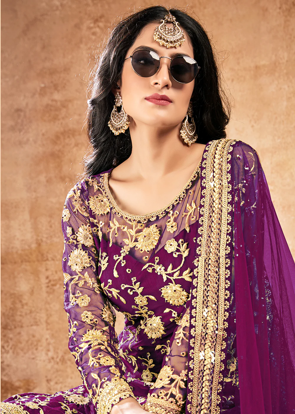 Sober Purple Net Sequins Pakistani Gharara Suit - Image 3